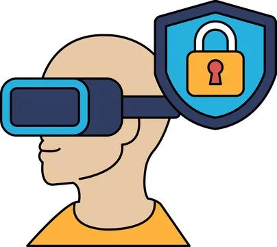 A man wearing a virtual reality headset with a security lock on his head Stock Illustration