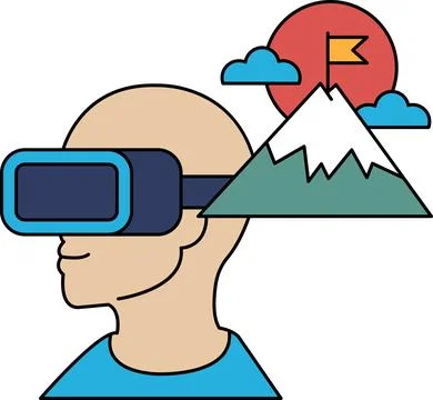 A man wearing a virtual reality headset is looking at a mountain Stock Illustration