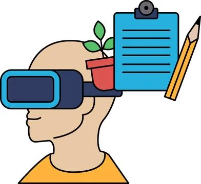 A man wearing a virtual reality headset with a clipboard and pencil on his he 스톡 일러스트