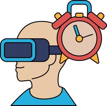 A man wearing a virtual reality headset is wearing a clock on his head Stock Illustration