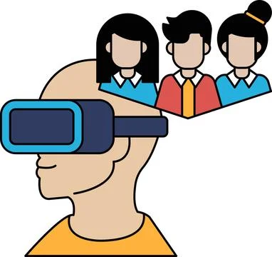 A man wearing a virtual reality headset is looking at a group of people Stock Illustration