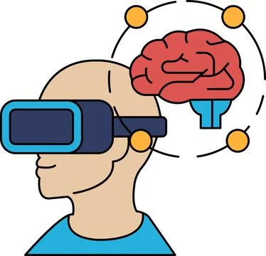 A man wearing a virtual reality headset is looking at a brain Stock Illustration