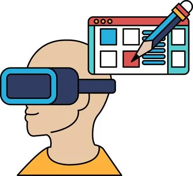 A man wearing a virtual reality headset is drawing on a computer screen Illustrazione stock