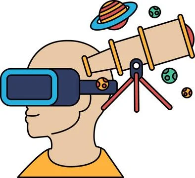 A man wearing a virtual reality headset is looking through a telescope Illustrazione stock