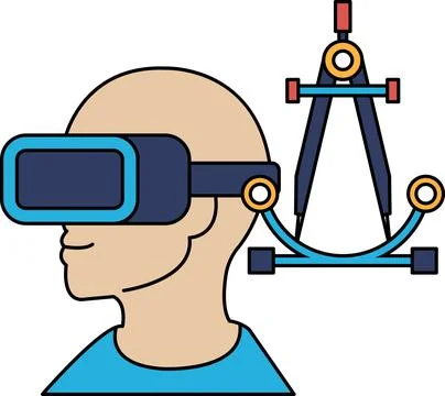 A man wearing a virtual reality headset is standing next to a ruler Stock Illustration