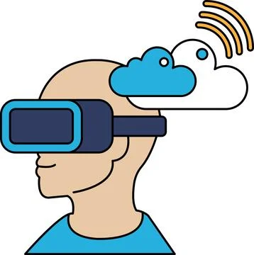 A man wearing a virtual reality headset with a cloud on his head Stock Illustration