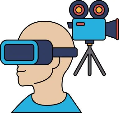 A man wearing a virtual reality headset is standing next to a camera Stock Illustration