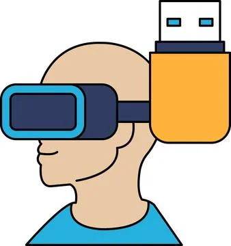 A man wearing a virtual reality headset with a USB cable attached to his head Stock Illustration