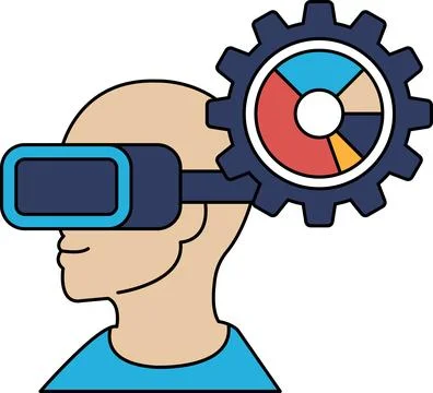 A man wearing a virtual reality headset is wearing a shirt with a gear on it Stock Illustration