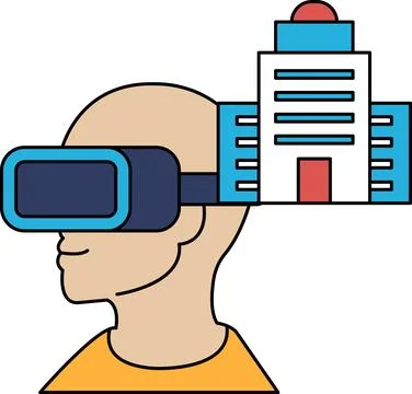 A man wearing a virtual reality headset is looking at a building Ilustración de archivo