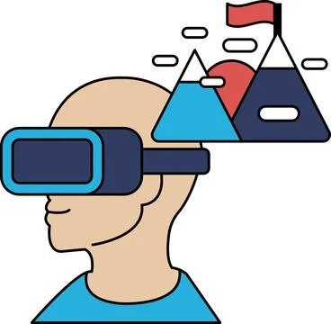 A man wearing a virtual reality headset is looking at a mountain range Stock Illustration
