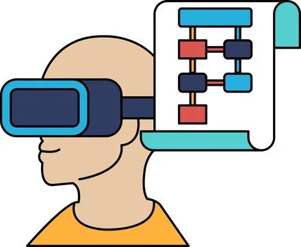 A man wearing a virtual reality headset is looking at a diagram Stock Illustration