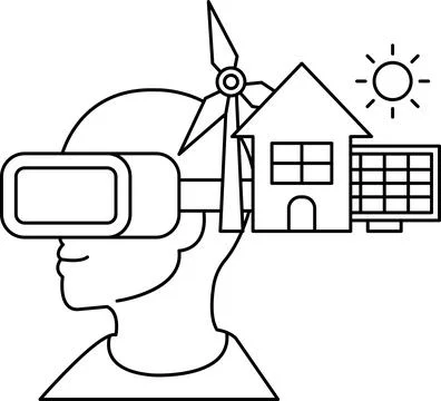 A man wearing a virtual reality headset with a wind turbine on his head Stock Illustration