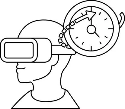 A man wearing a virtual reality headset with a clock on his head Stock Illustration
