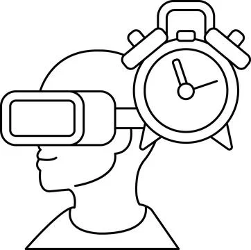 A man wearing a virtual reality headset is wearing a clock on his head Stock Illustration