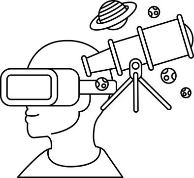 A man wearing a virtual reality headset is looking through a telescope Illustrazione stock