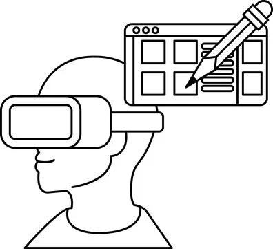 A man wearing a virtual reality headset is drawing on a computer screen Stock Illustration