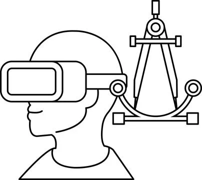 A man wearing a virtual reality headset is standing next to a ruler Stock Illustration