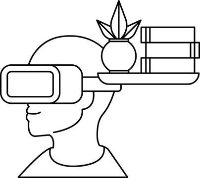 A man wearing a virtual reality headset with a plant and books on his head Stock Illustration