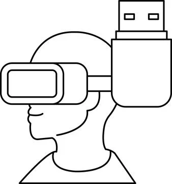 A man wearing a virtual reality headset with a USB cable attached to his head Stock Illustration