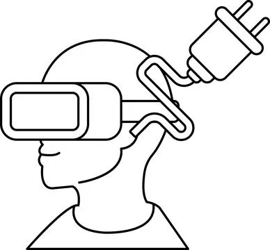 A man wearing a virtual reality headset with a cord attached to his head Stock Illustration
