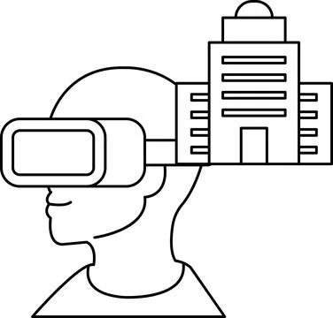 A man wearing a virtual reality headset is looking at a building Ilustración de archivo