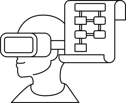 A man wearing a virtual reality headset is looking at a diagram Stock Illustration