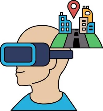 A man wearing a virtual reality headset is looking at a cityscape Ilustración de archivo