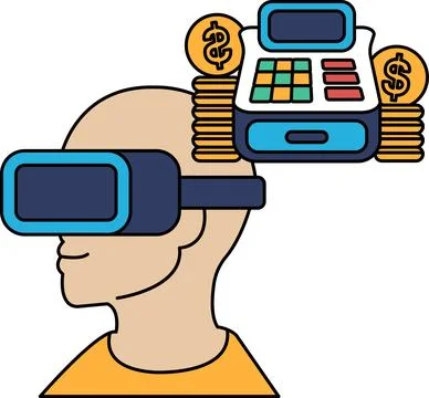 A man wearing a virtual reality headset is looking at a calculator Stock Illustration