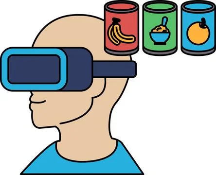 A man wearing a virtual reality headset with three cans of food on his head Stock Illustration
