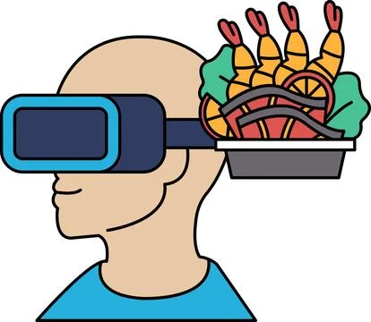 A man wearing a virtual reality headset with a tray of food on his head Stock Illustration