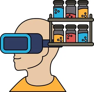 A man wearing a virtual reality headset is looking at a shelf of jars Stock Illustration