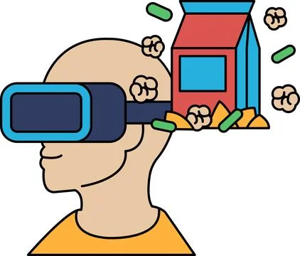 A man wearing a virtual reality headset is holding a box of popcorn Stock Illustration
