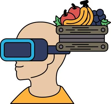 A man wearing a virtual reality headset with a basket of fruit on his head Stock Illustration