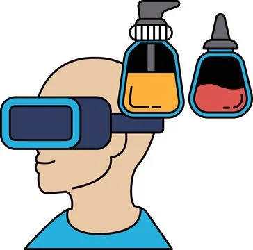 A man wearing a virtual reality headset is holding two bottles in his head Stock Illustration