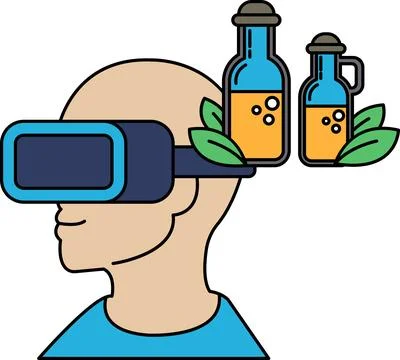 A man wearing a virtual reality headset is looking at two bottles of liquid Stock Illustration