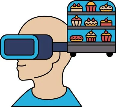 A man wearing a virtual reality headset is looking at a display of cupcakes Stock Illustration