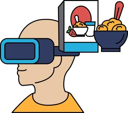 A man wearing a virtual reality headset with a bowl of ice cream in his head Stock Illustration