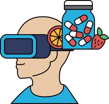 A man wearing a virtual reality headset is holding a jar of pills Stock Illustration