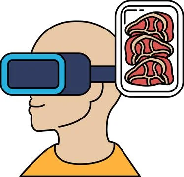 A man wearing a virtual reality headset is looking at a plate of meat Stock Illustration