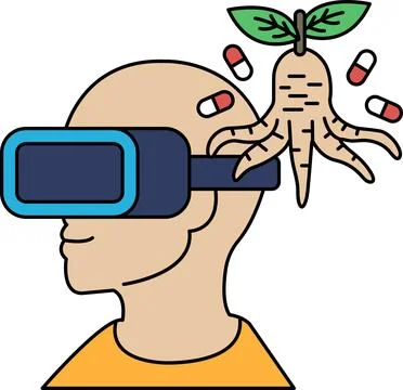 A man wearing a virtual reality headset with a plant on his head Stock Illustration