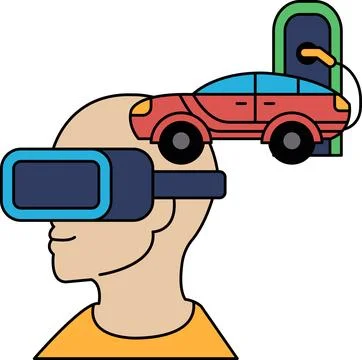 A man wearing a virtual reality headset is looking at a car Stock Illustration