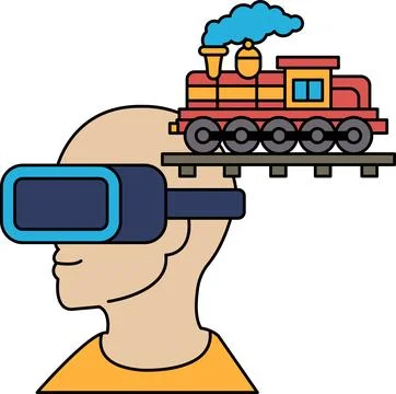 A man wearing a virtual reality headset is looking at a train Stock Illustration