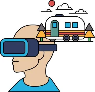 A man wearing a virtual reality headset is looking at a trailer Stock Illustration