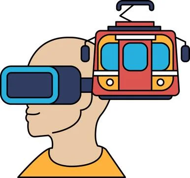 A man wearing a virtual reality headset is looking up at a train Stock Illustration