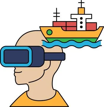 A man wearing a virtual reality headset is looking at a ship Stock Illustration