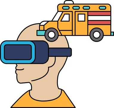 A man wearing a virtual reality headset is looking at a car and an ambulance Stock Illustration