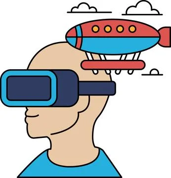 A man wearing a virtual reality headset is looking up at a large airplane Stock Illustration