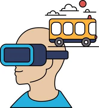 A man wearing a virtual reality headset is looking at a bus Stock Illustration