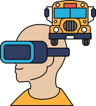 A man wearing a virtual reality headset is looking at a bus Stock Illustration